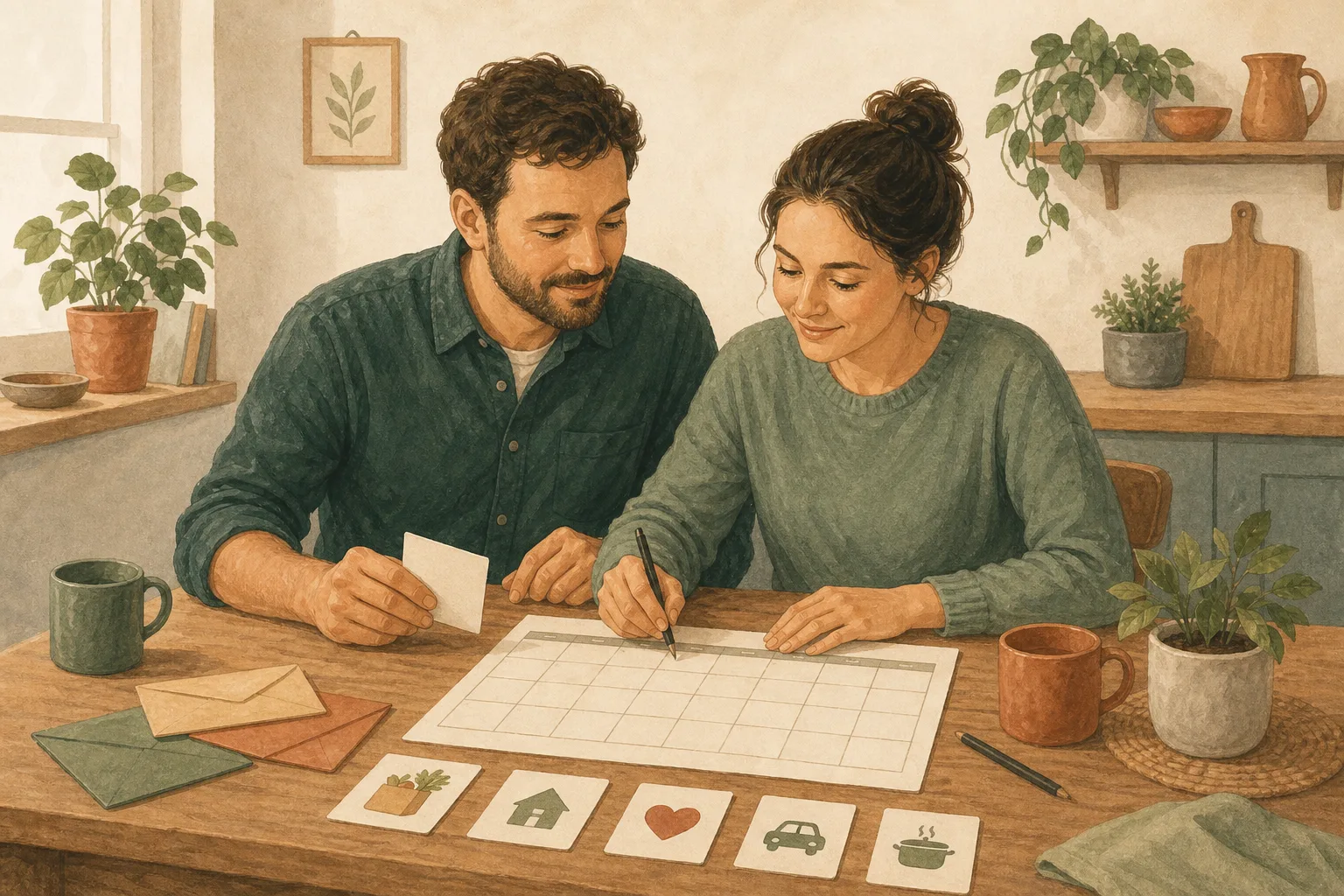 Two adults building their family’s monthly plan together.